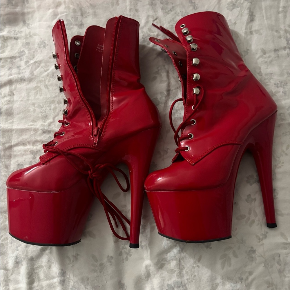Adore Shiny Red Platform Heeled Boots Size 7